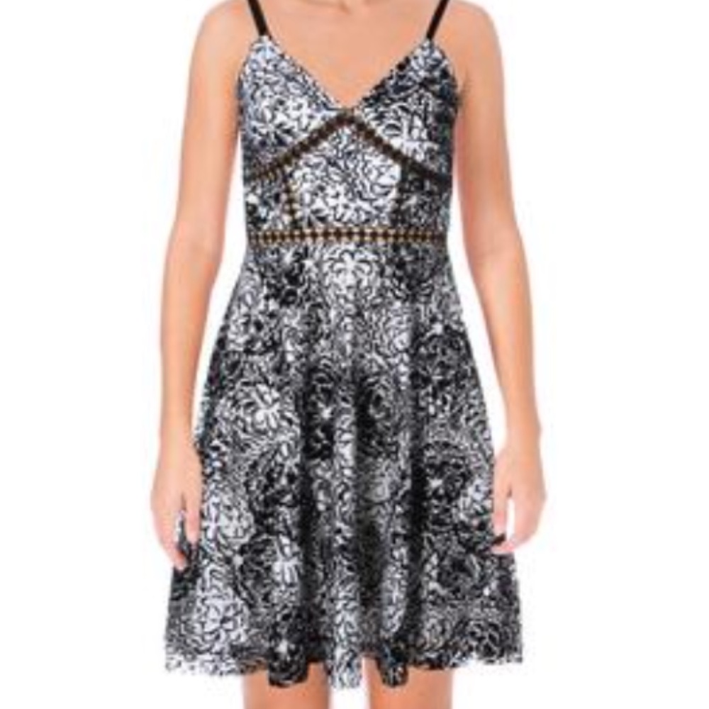 Aqua Flocked Floral Print Dress, S - Picture 3 of 7